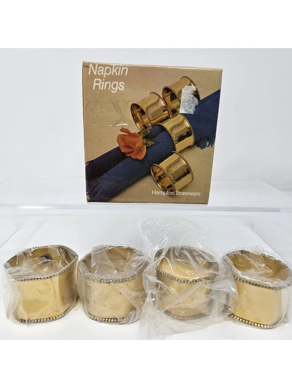Vintage Hampton Hexagon Brassware Napkin Rings Set of 4 In Box - Solid Brass